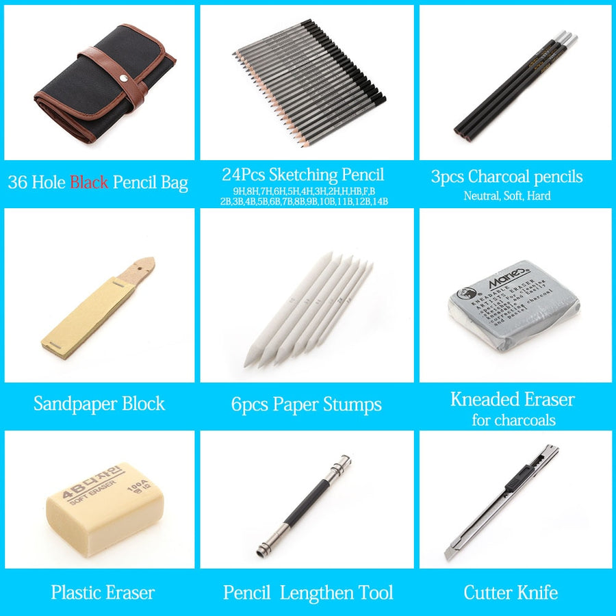 27/39pcs Sketch Pencil Set Professional Sketching Drawing Kit Wood Pencil Pencil Bags For Painter School Students Art Supplies