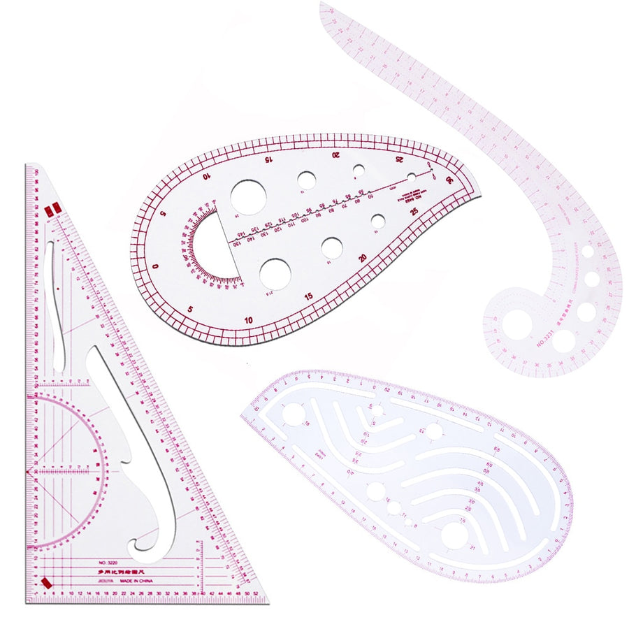 4Pcs Sewing Ruler Set Pattern Design Metric Ruler French Curve Pattern Grading Drawing Rules Paddle Whee Tailor Measuring Kit