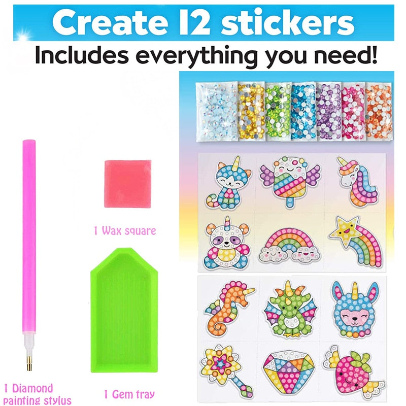 Kids Big Gem Diamond Painting Kit Create 12 Stickers DIY Arts Crafts Girls Boys Magical 5D Diamond Painting by Numbers Toys Gift
