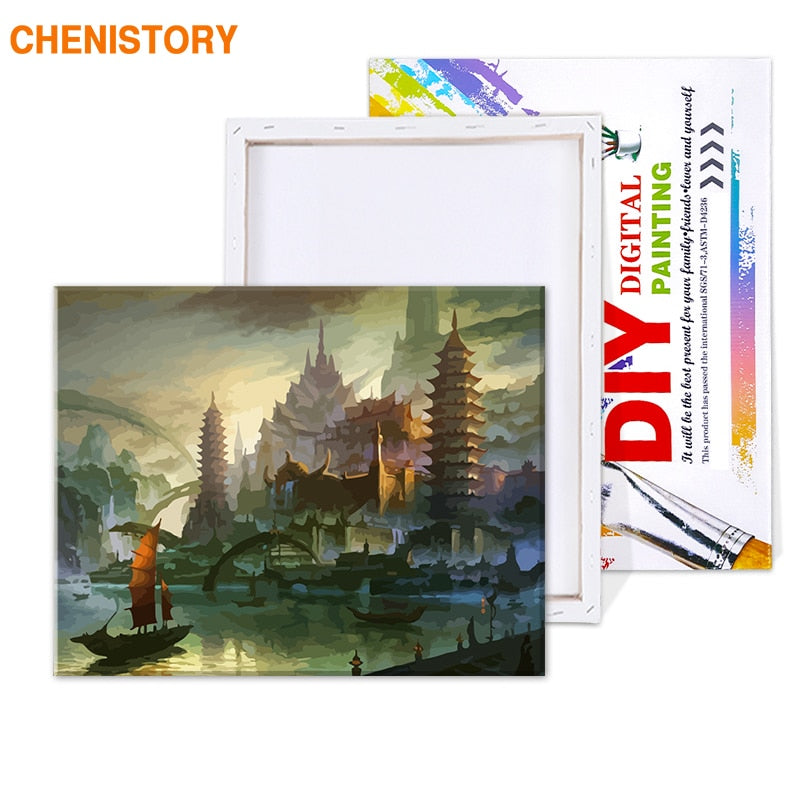 CHENISTORY Pagoda Abstract Landscape DIY Painting By Numbers Vintage Oil Painting On Canvas Home Decor Unique Gift Wall Artwork