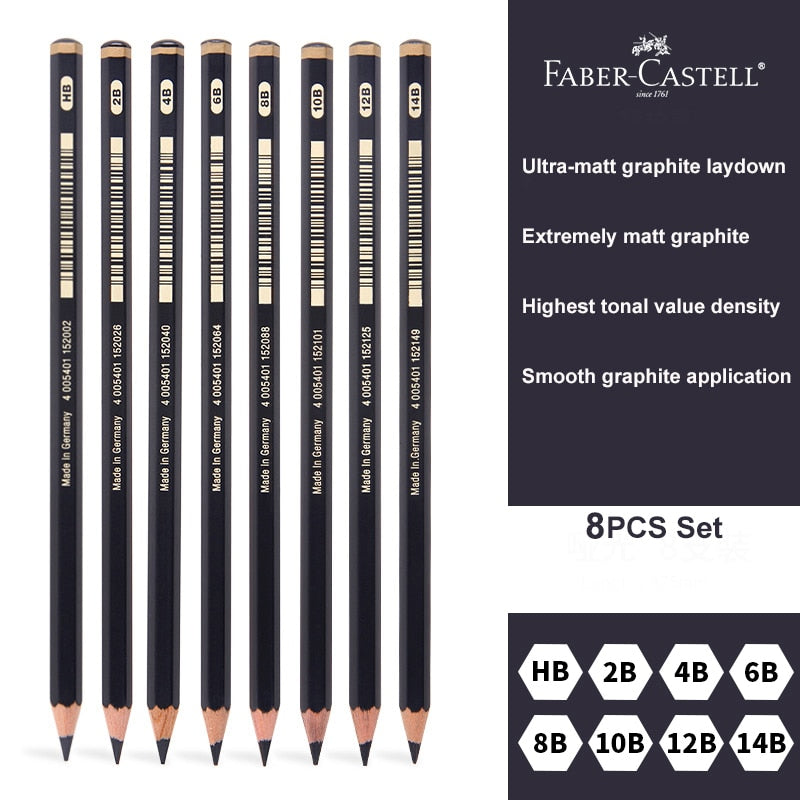 8 Pcs Faber-Castell Graphite Pitt Matt Pencil Set HB, 2B, 4B, 6B, 8B, 10B, 12B, 14B Sketching Drawing Artists’ Quality