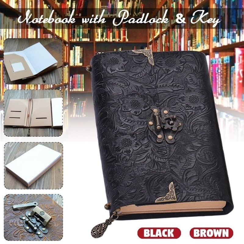 Embossed Pattern Soft Leather Travel Notebook with Lock and Key Diary Notepad Paper for Business Sketching &amp; Writing