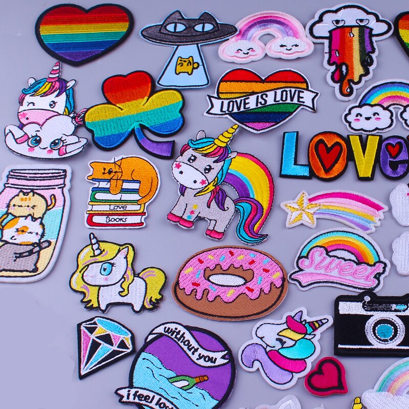 Prajna Hippie Unicorn Patches Embroidered Patches For Clothing DIY Magic Rainbow Stripes Iron On Patches For Kids Cloth Applique