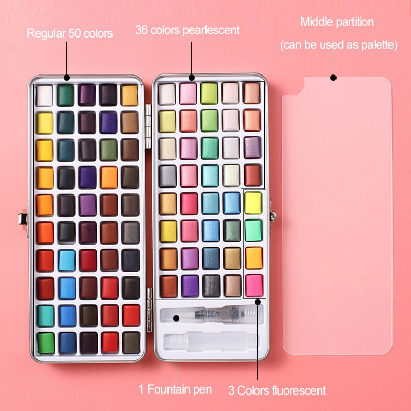 Professional 50/72/90 Color Solid Watercolor Set Basic Neon Glitter Watercolor Paint for Drawing Art Paint Supplies Art Supplies