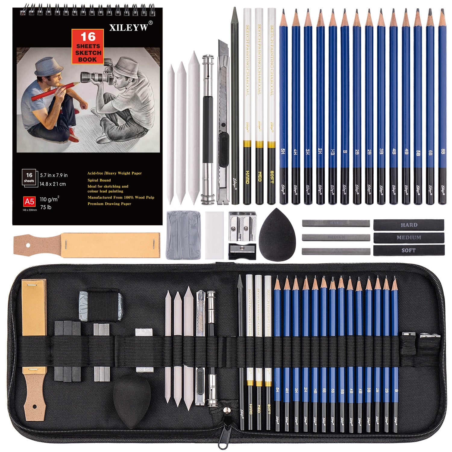Premium 12/14/37pcs Graphite Drawing Pencils Sketch Set Kit 4H-12B Sketch Pencil 16 Sheets Sketch Book  Writing Art Supplies