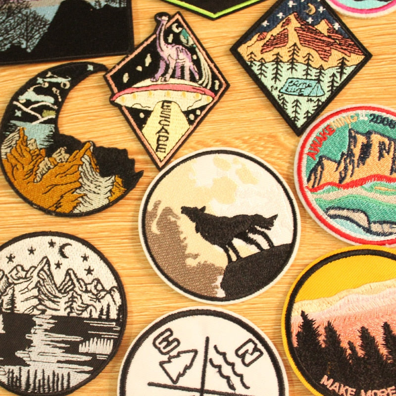 DIY Mountain Trave Embroidered Patches For Clothing Applique Iron on Patches On Clothes Space Patch Traveler Badges Stripes