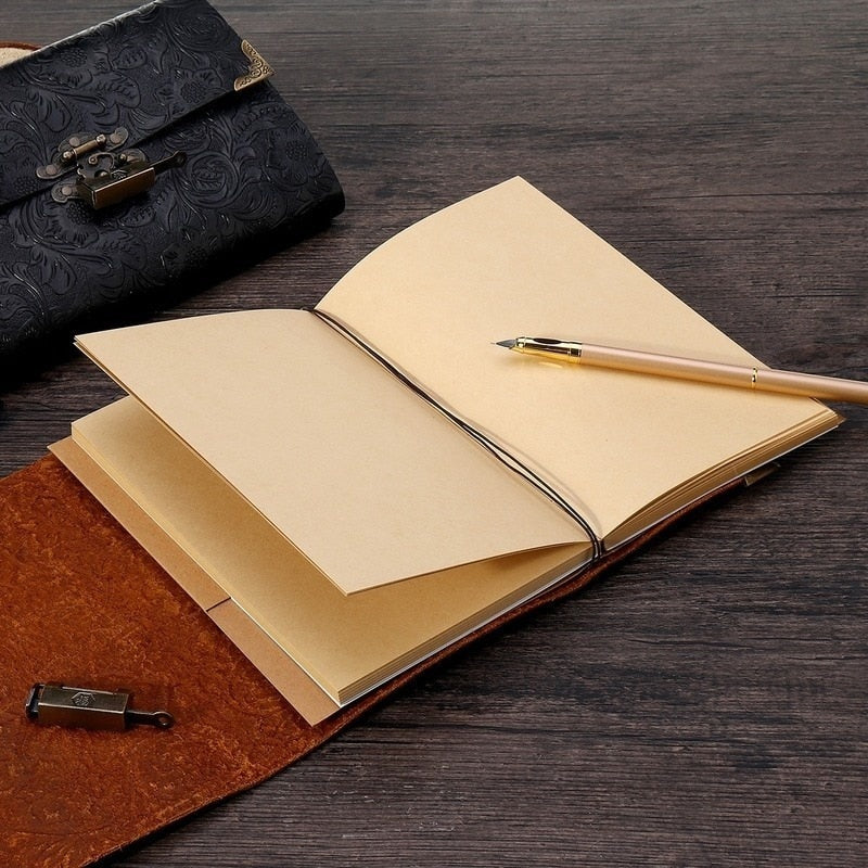 Embossed Pattern Soft Leather Travel Notebook with Lock and Key Diary Notepad Paper for Business Sketching &amp; Writing