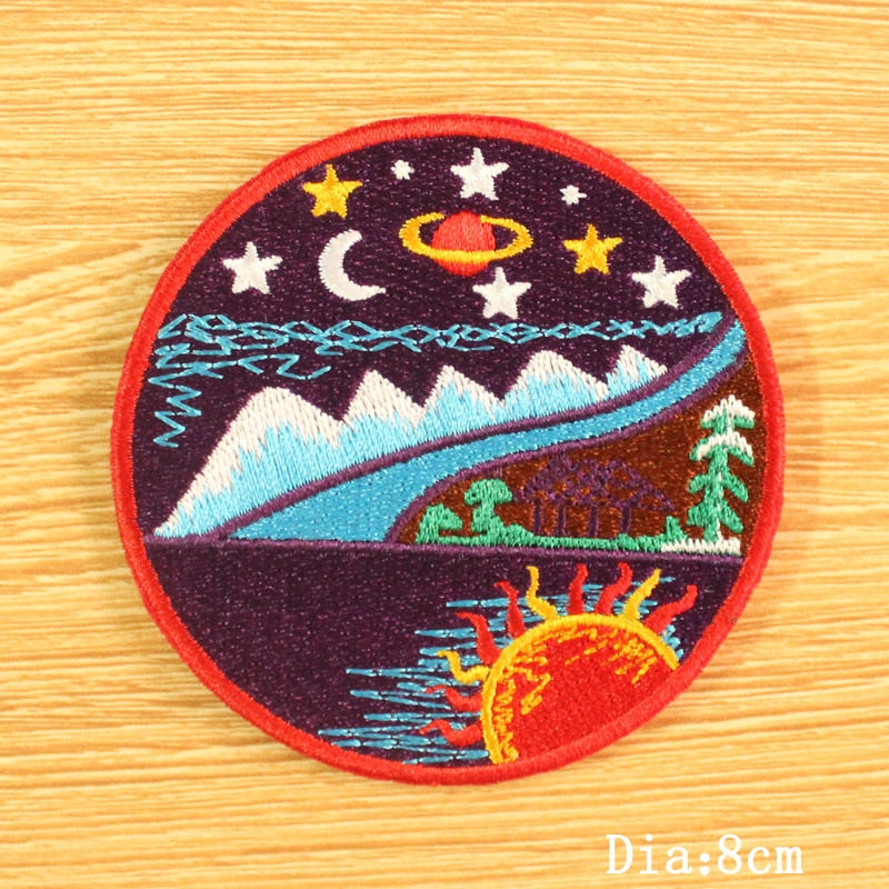 DIY Mountain Trave Embroidered Patches For Clothing Applique Iron on Patches On Clothes Space Patch Traveler Badges Stripes