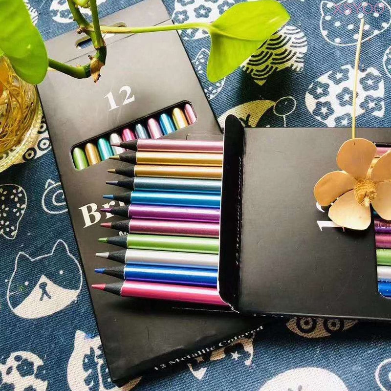 Brutfuner 12 Colors Metallic Pencil Drawing Sketch Set Soft Wood Golden Color Pencil For School Student Stationery Art Supplies