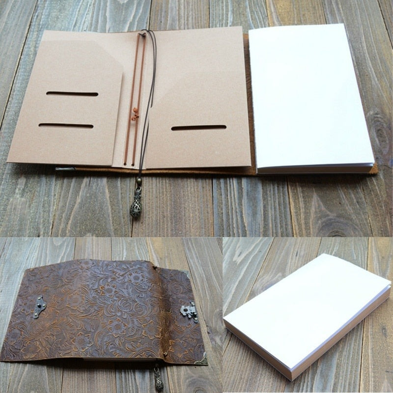 Embossed Pattern Soft Leather Travel Notebook with Lock and Key Diary Notepad Paper for Business Sketching &amp; Writing