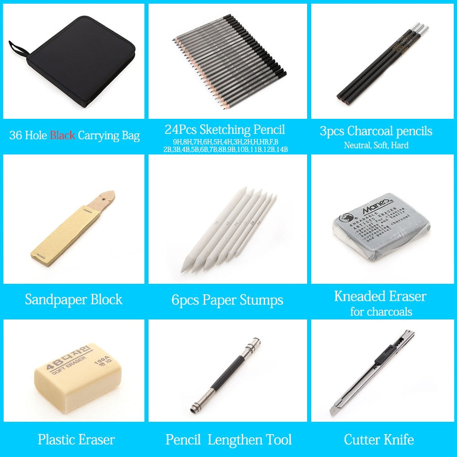 27/39pcs Sketch Pencil Set Professional Sketching Drawing Kit Wood Pencil Pencil Bags For Painter School Students Art Supplies