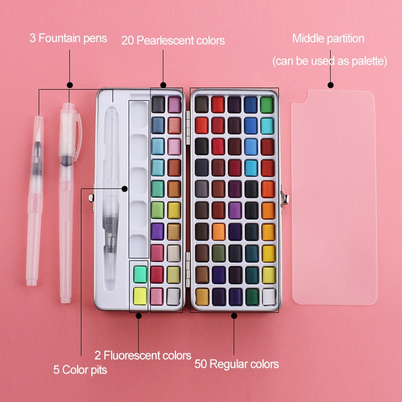 Professional 50/72/90 Color Solid Watercolor Set Basic Neon Glitter Watercolor Paint for Drawing Art Paint Supplies Art Supplies
