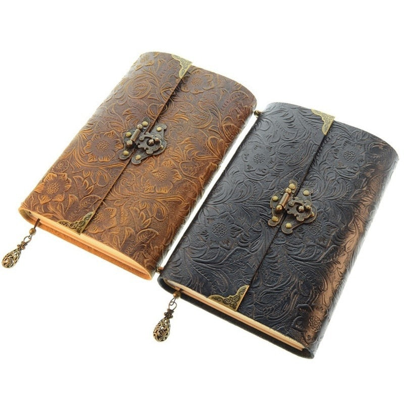 Embossed Pattern Soft Leather Travel Notebook with Lock and Key Diary Notepad Paper for Business Sketching &amp; Writing