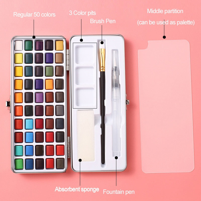 Professional 50/72/90 Color Solid Watercolor Set Basic Neon Glitter Watercolor Paint for Drawing Art Paint Supplies Art Supplies