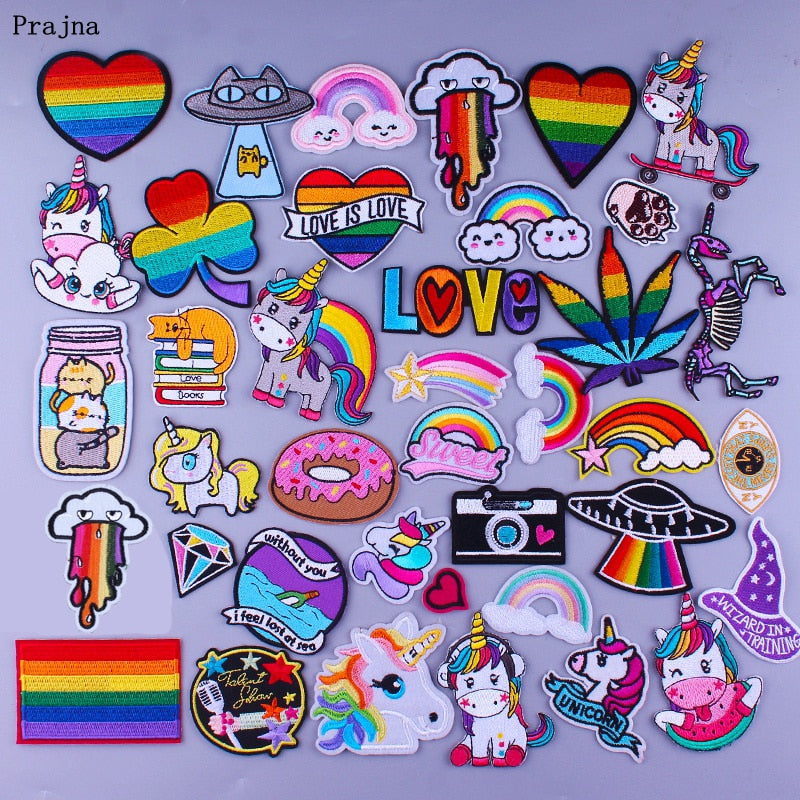Prajna Hippie Unicorn Patches Embroidered Patches For Clothing DIY Magic Rainbow Stripes Iron On Patches For Kids Cloth Applique