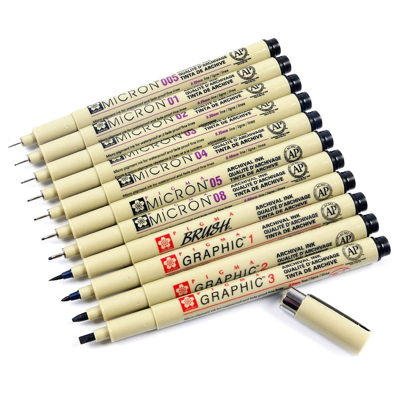 1 Piece Pigment Liner Pigma Pen Fine Line Sketching Markers Different Tip Black Fineliner StylographsDrawing Pens Copic Supplier