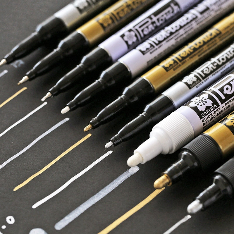 Silver Gold Permanent Metallic Marker Pens 0.7/1.0/2.0mm Student Sketch Graffiti Art Markers Hook Liner Pen Japanese Stationery